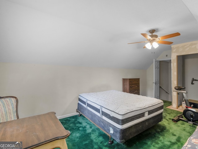 75 The Farm Rd, Mcdonough, GA 30252 - carpeted bedroom with lofted ceiling, ceiling fan, and baseboards