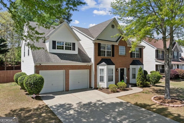 view of front of home with a garage, fence, brick siding, a shingled roof, and concrete driveway