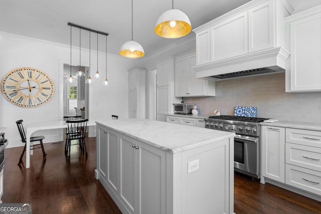 1116 Dan Johnson Rd NE, Atlanta, GA 30307 - kitchen with high end stainless steel range oven, dark wood finished floors, tasteful backsplash, and a center island