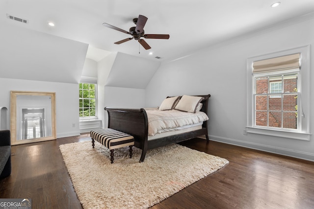 1116 Dan Johnson Rd NE, Atlanta, GA 30307 - bedroom with lofted ceiling, recessed lighting, baseboards, visible vents, and dark wood-type flooring