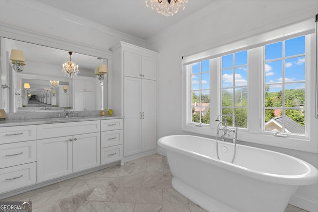 1116 Dan Johnson Rd NE, Atlanta, GA 30307 - full bathroom featuring marble finish floor, a notable chandelier, a soaking tub, and vanity
