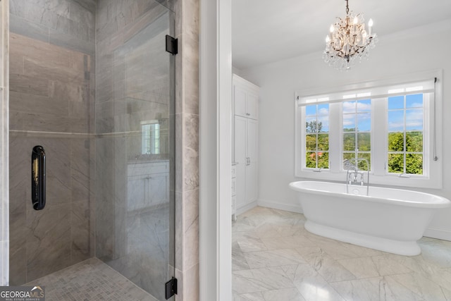 1116 Dan Johnson Rd NE, Atlanta, GA 30307 - bathroom with a notable chandelier, baseboards, marble finish floor, a shower stall, and a freestanding bath