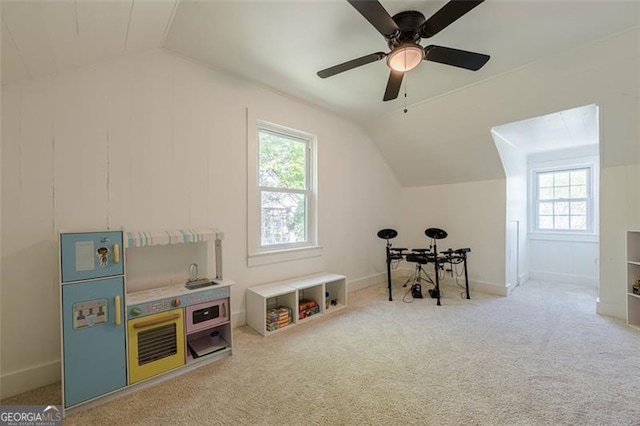 1884 Montrose Dr, East Point, GA 30344 - playroom with vaulted ceiling, carpet flooring, baseboards, and ceiling fan