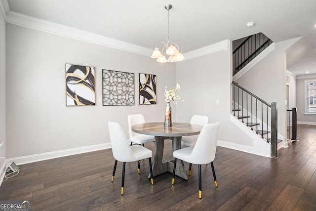 dining area featuring crown molding, dark wood-style flooring, baseboards, and stairs