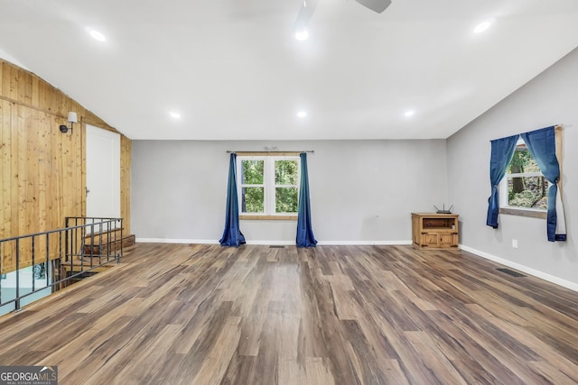 139 Cherokee Dr, Jackson, GA 30233 - spare room featuring a ceiling fan, visible vents, wood finished floors, lofted ceiling, and baseboards