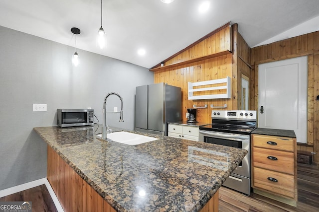 139 Cherokee Dr, Jackson, GA 30233 - kitchen featuring a peninsula, vaulted ceiling, a sink, and appliances with stainless steel finishes