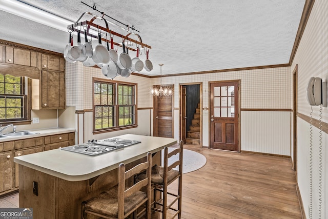 3588 SW Highridge Dr, Conyers, GA 30094 - kitchen with stainless steel electric stovetop, wallpapered walls, a sink, and a textured ceiling