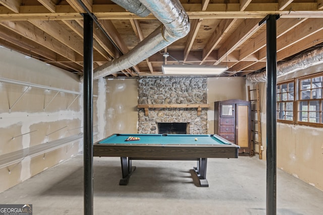 3588 SW Highridge Dr, Conyers, GA 30094 - rec room featuring a fireplace, unfinished concrete flooring, and billiards