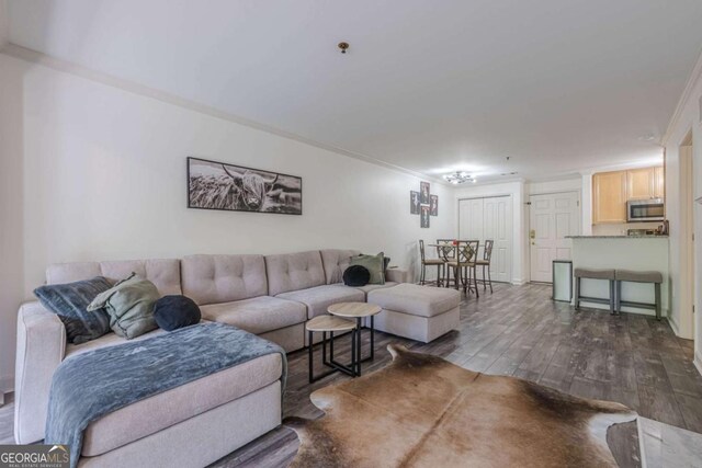3203 Lenox Rd NE Unit 32, Atlanta, GA 30324 - living area featuring dark wood-style floors and crown molding