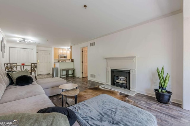 3203 Lenox Rd NE Unit 32, Atlanta, GA 30324 - living area featuring wood finished floors, a fireplace with raised hearth, and baseboards