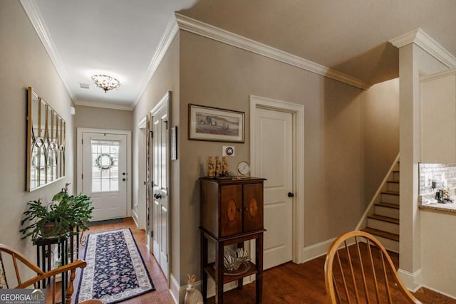 170 Elliot Cir, Watkinsville, GA 30677 - entryway featuring wood finished floors, crown molding, and stairway
