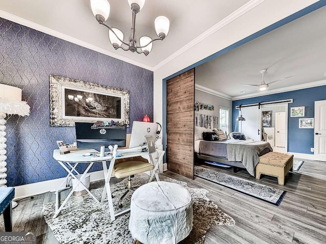 bedroom featuring an inviting chandelier, ornamental molding, wood finished floors, wallpapered walls, and baseboards