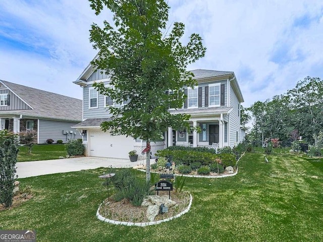 view of front of house featuring an attached garage, board and batten siding, concrete driveway, and a front lawn