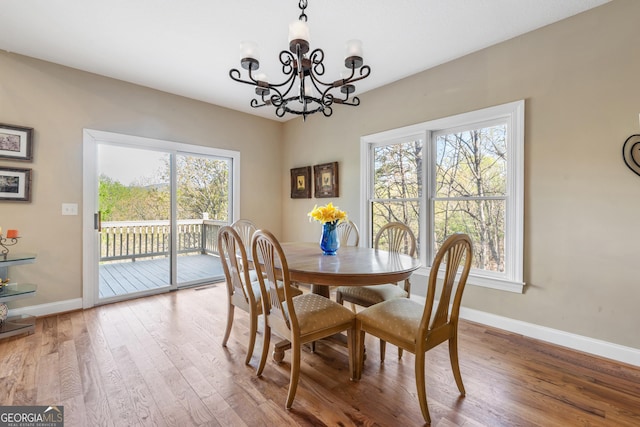 731 Woodland, Sautee Nacoochee, GA 30571 - dining area with baseboards, a chandelier, and wood finished floors