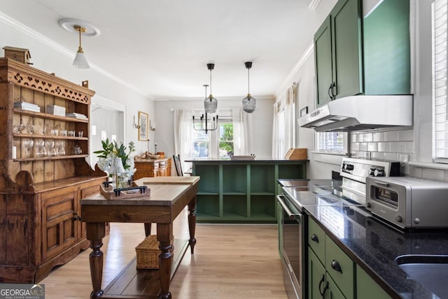 812 E Ponce De Leon Ave, Decatur, GA 30030 - kitchen with green cabinets, stainless steel electric range, under cabinet range hood, plenty of natural light, and ornamental molding