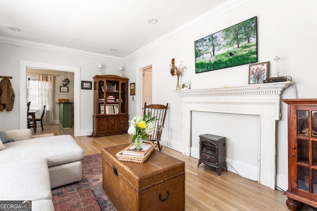 812 E Ponce De Leon Ave, Decatur, GA 30030 - living area with a wood stove, ornamental molding, and light wood finished floors