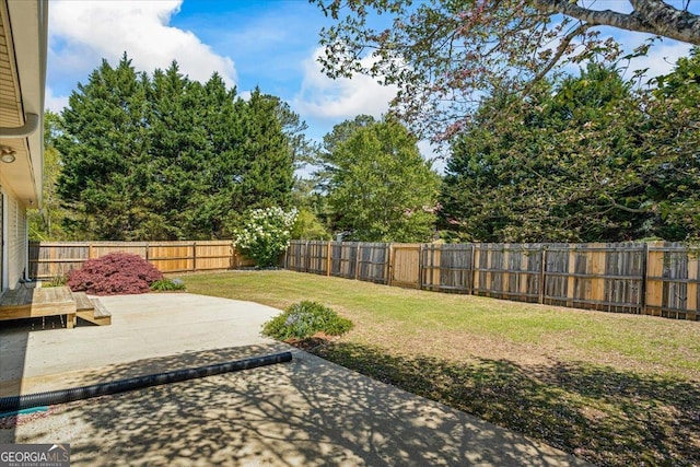 view of yard with a fenced backyard and a patio