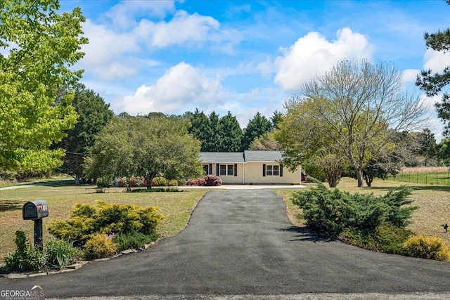 single story home featuring driveway and a front lawn