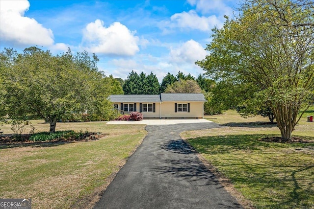 ranch-style house featuring a front yard and driveway
