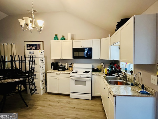 kitchen featuring black microwave, white cabinets, white electric range oven, lofted ceiling, and a sink