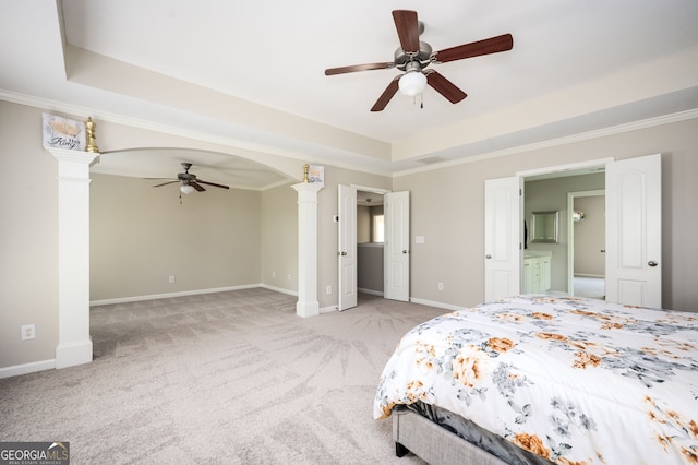 67 Ryans Pt, Dallas, GA 30132 - bedroom with a tray ceiling, light colored carpet, decorative columns, ornamental molding, and ceiling fan