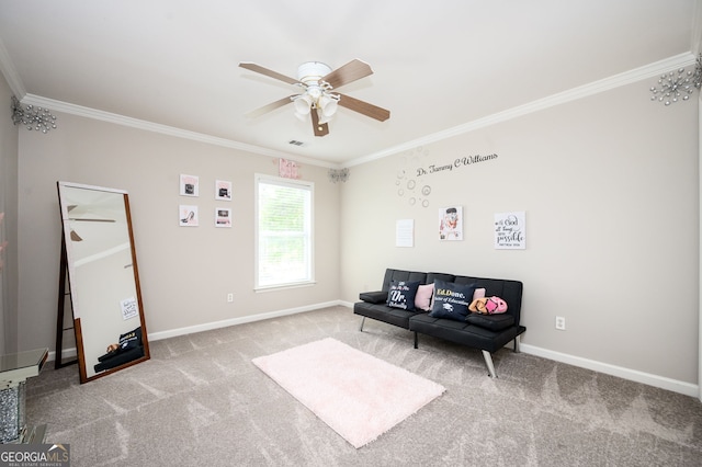 67 Ryans Pt, Dallas, GA 30132 - sitting room with baseboards, carpet floors, ceiling fan, and ornamental molding