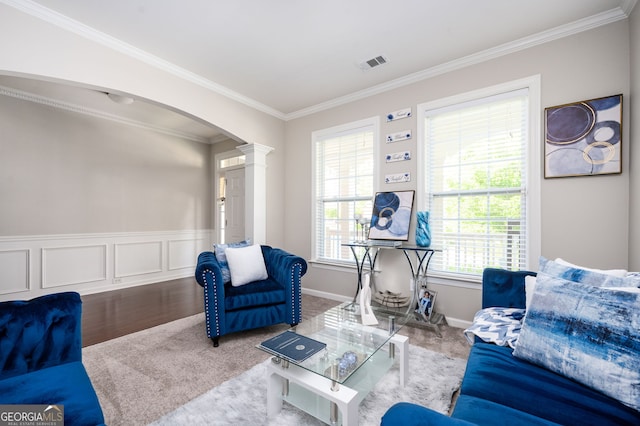 67 Ryans Pt, Dallas, GA 30132 - living room with arched walkways, carpet, ornamental molding, visible vents, and ornate columns