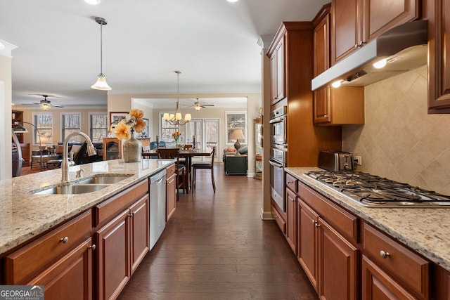 4538 Sterling Pointe Dr NW, Kennesaw, GA 30152 - kitchen featuring a sink, under cabinet range hood, stainless steel appliances, open floor plan, and ceiling fan