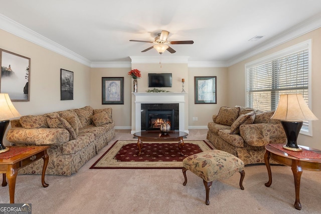 4538 Sterling Pointe Dr NW, Kennesaw, GA 30152 - living room with ornamental molding, carpet floors, a ceiling fan, and a glass covered fireplace