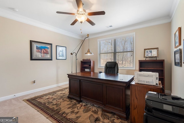 4538 Sterling Pointe Dr NW, Kennesaw, GA 30152 - carpeted office with a ceiling fan, ornamental molding, and baseboards