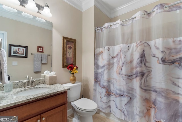 4538 Sterling Pointe Dr NW, Kennesaw, GA 30152 - bathroom with vanity, ornamental molding, toilet, and a shower with curtain