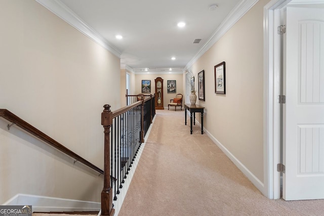4538 Sterling Pointe Dr NW, Kennesaw, GA 30152 - corridor featuring crown molding, light colored carpet, an upstairs landing, recessed lighting, and baseboards