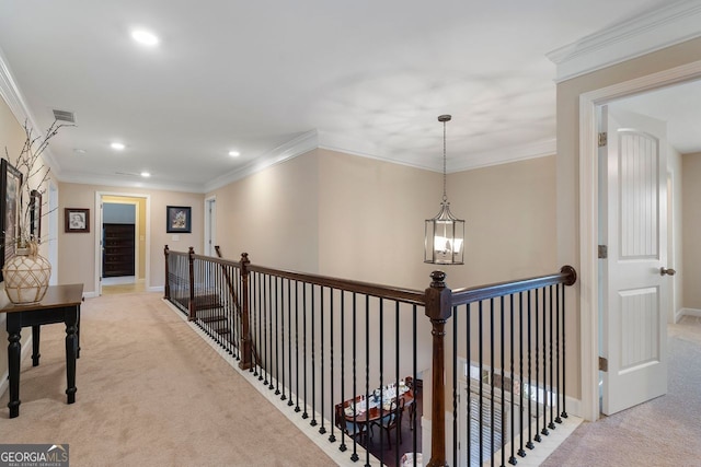 4538 Sterling Pointe Dr NW, Kennesaw, GA 30152 - hall with carpet, recessed lighting, an upstairs landing, baseboards, and ornamental molding