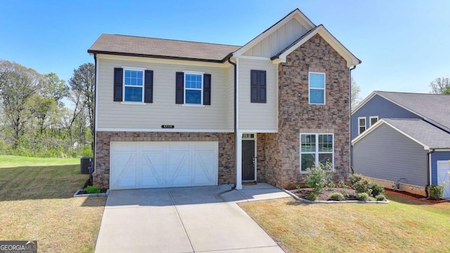 5530 Bower Pl, Cumming, GA 30028 - view of front of home with central AC, a garage, board and batten siding, concrete driveway, and a front lawn
