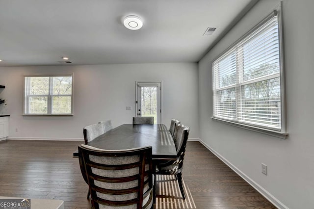5530 Bower Pl, Cumming, GA 30028 - dining space featuring visible vents, baseboards, recessed lighting, and dark wood-style floors