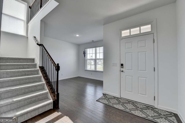 5530 Bower Pl, Cumming, GA 30028 - foyer with wood finished floors, recessed lighting, baseboards, and stairway