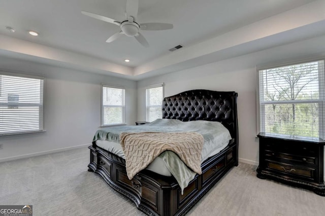 5530 Bower Pl, Cumming, GA 30028 - bedroom with baseboards, light carpet, recessed lighting, a ceiling fan, and visible vents