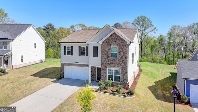 5530 Bower Pl, Cumming, GA 30028 - traditional home featuring driveway, stone siding, board and batten siding, an attached garage, and a front yard