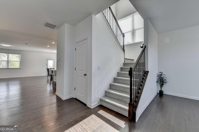 5530 Bower Pl, Cumming, GA 30028 - stairway featuring visible vents, baseboards, recessed lighting, and wood finished floors