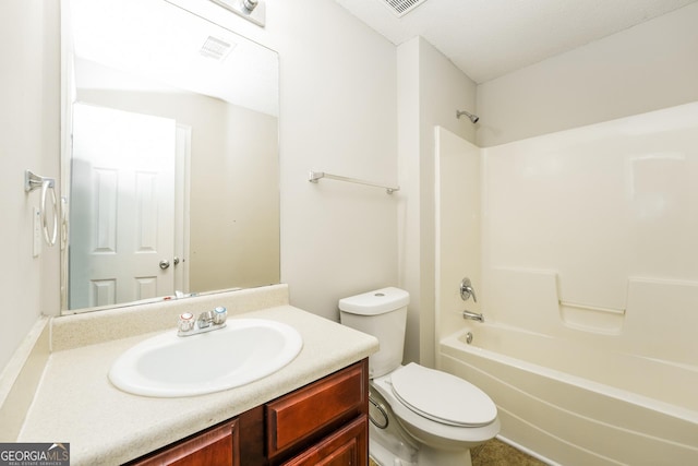 full bath with toilet, visible vents, vanity, and  shower combination