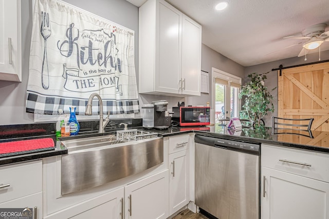 kitchen with a ceiling fan, white cabinets, recessed lighting, dishwasher, and a sink
