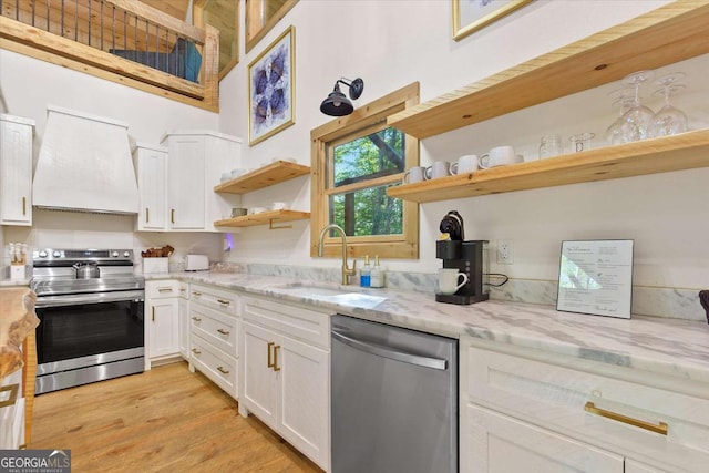 318 Lees Ride Unit 8, Mccaysville, GA 30555 - kitchen featuring custom exhaust hood, open shelves, a sink, white cabinetry, and stainless steel appliances