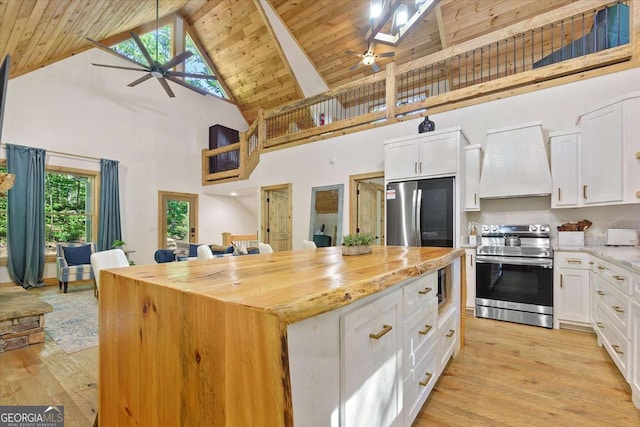 318 Lees Ride Unit 8, Mccaysville, GA 30555 - kitchen featuring custom exhaust hood, appliances with stainless steel finishes, high vaulted ceiling, and a ceiling fan