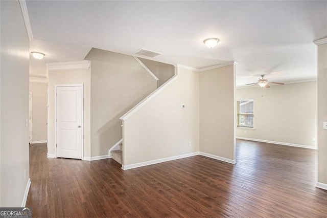 3459 Village Park Ln, Atlanta, GA 30331 - unfurnished living room featuring crown molding, a ceiling fan, wood finished floors, and stairs