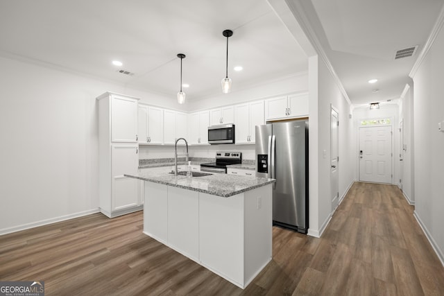 kitchen with stainless steel appliances, visible vents, white cabinetry, and a sink
