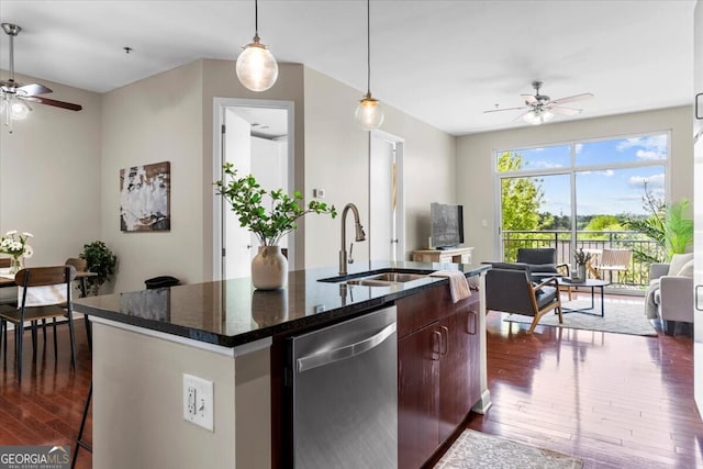 711 Cosmopolitan Dr NE Unit 347, Atlanta, GA 30324 - kitchen with dishwasher, open floor plan, ceiling fan, an island with sink, and dark wood-type flooring