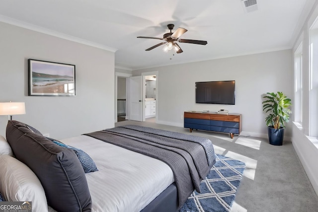 bedroom with visible vents, baseboards, ornamental molding, ceiling fan, and carpet flooring