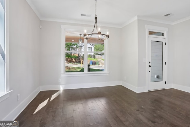 unfurnished dining area featuring a notable chandelier, dark wood-type flooring, visible vents, and ornamental molding