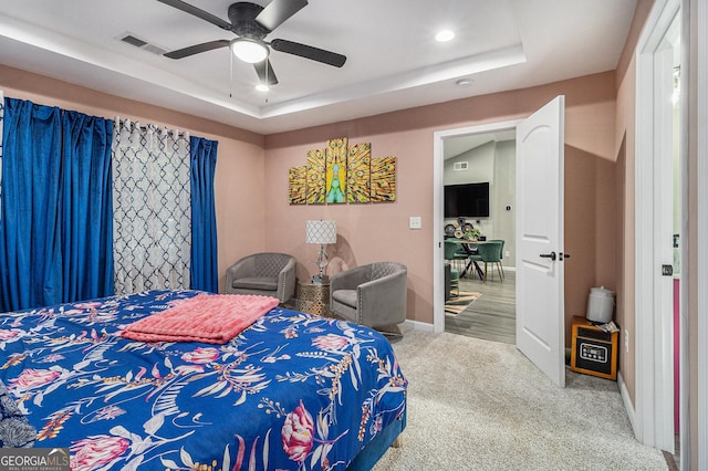 196 Wadley St NW, Atlanta, GA 30314 - bedroom with a tray ceiling, recessed lighting, carpet floors, and a ceiling fan