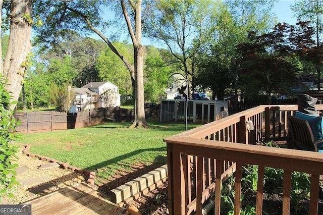 view of yard with a deck and a fenced backyard